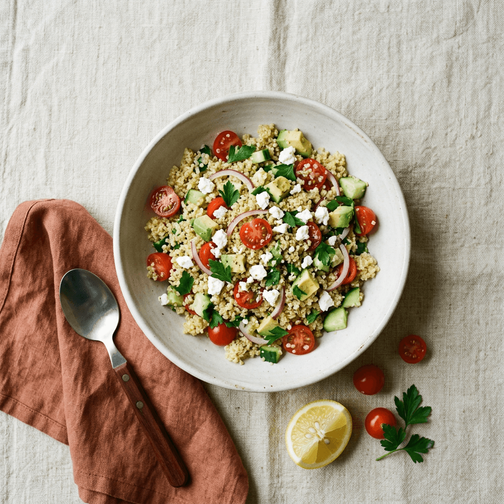 Kvinojos salotos su avokadu, pomidorais ir feta